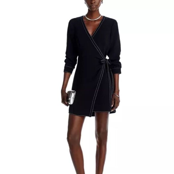 Cinq à Sept Chelsea Contrast Stitch Flattering Wrap Mini Little Black Dress 14 - Picture 1 of 9
